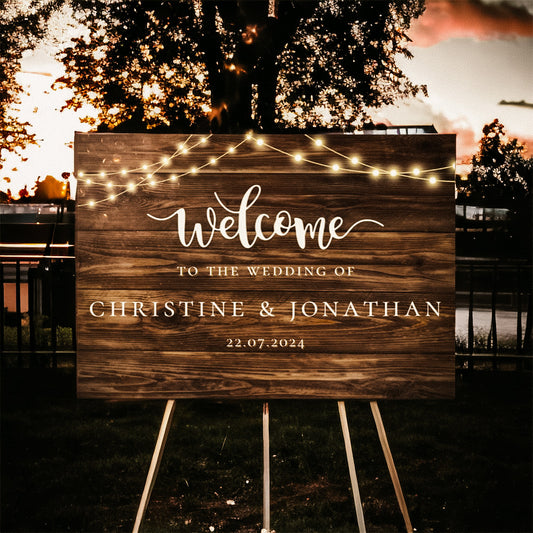 Rustic Wood and String Lights - Welcome Sign