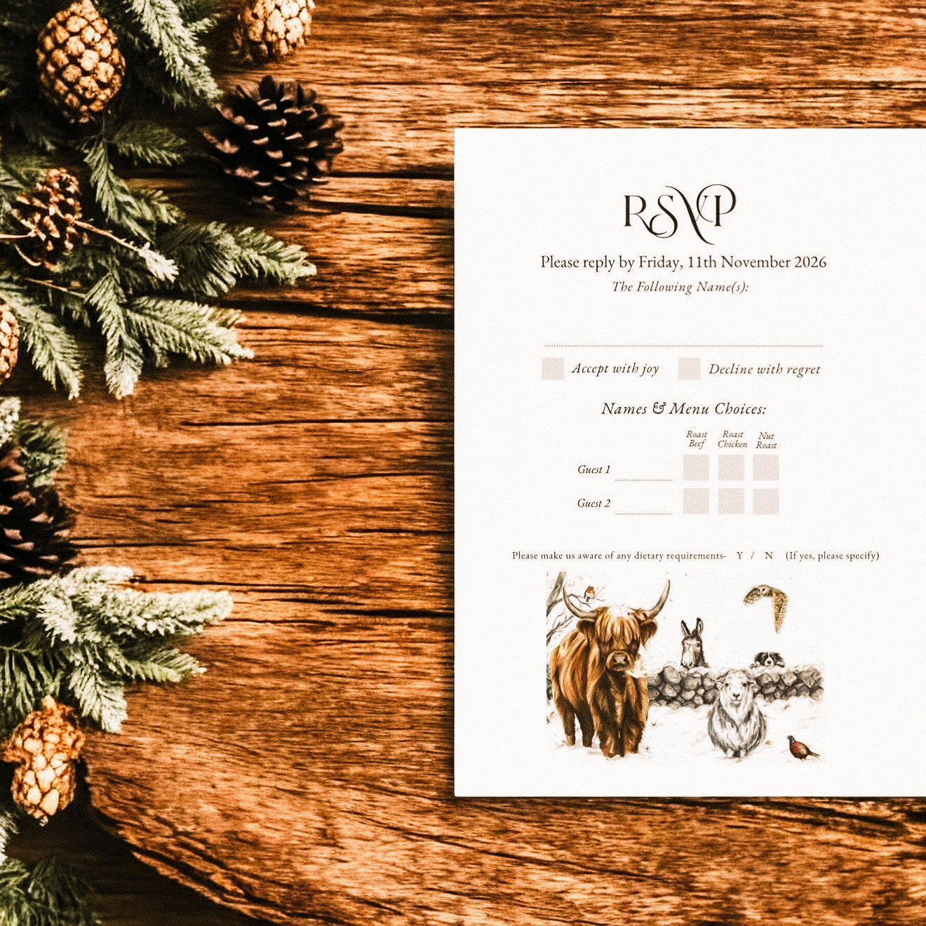 Winter Farm Scene (Highland Cow, Collie, Donkey, Owl, Sheep and Pheasant)