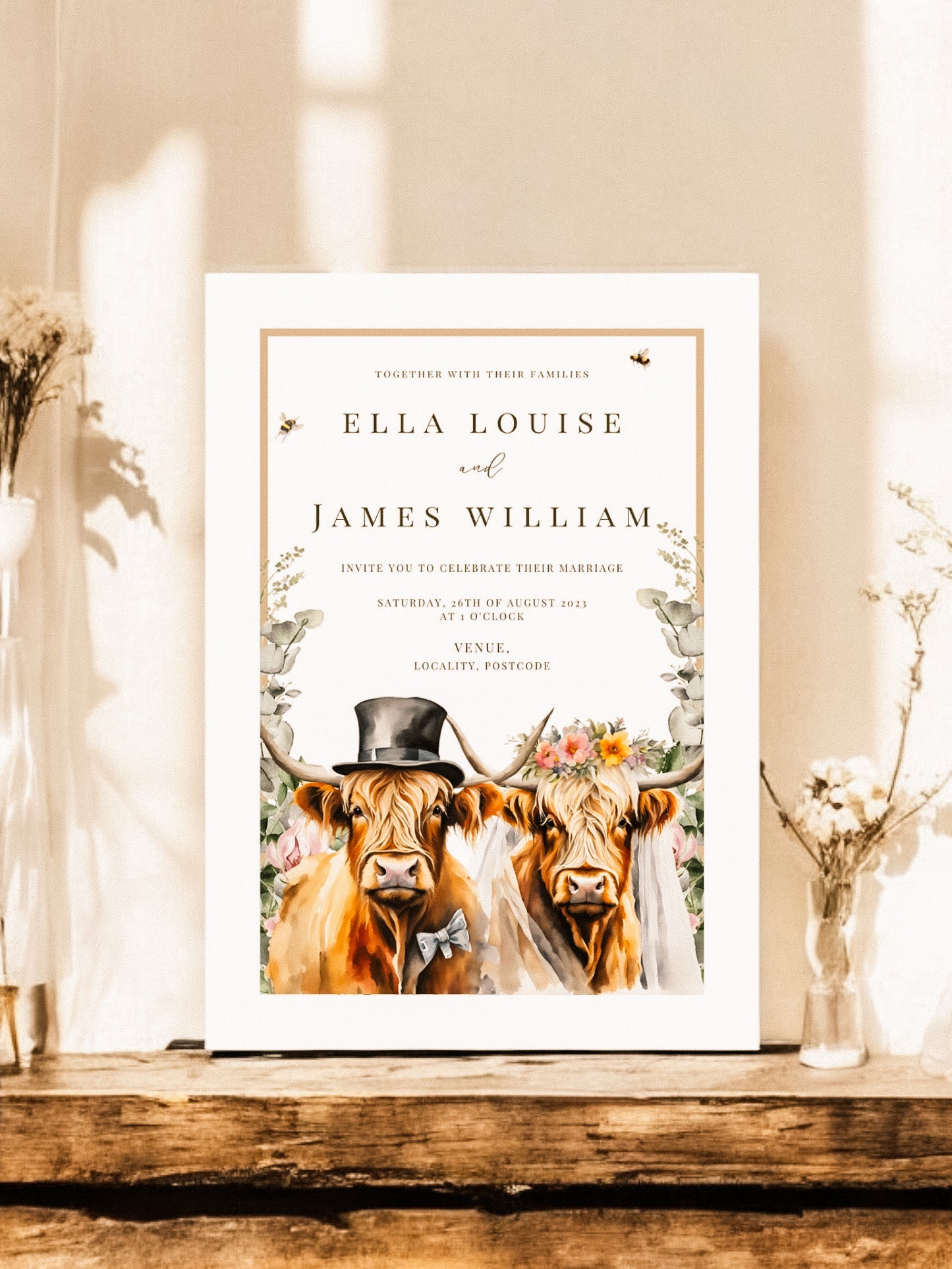 Highland Cow Bride & Groom full range, Wedding Invitation, Evening, RSVP, Information, Menu