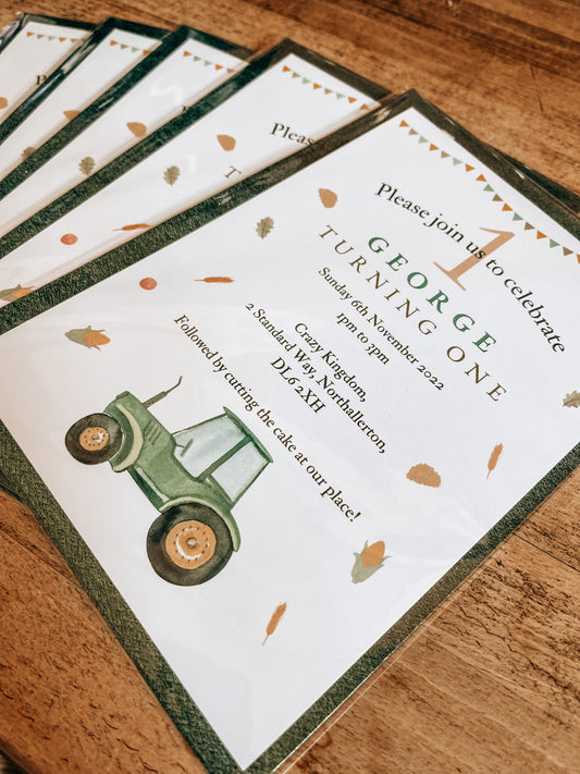 Green Tractor Birthday Invitation