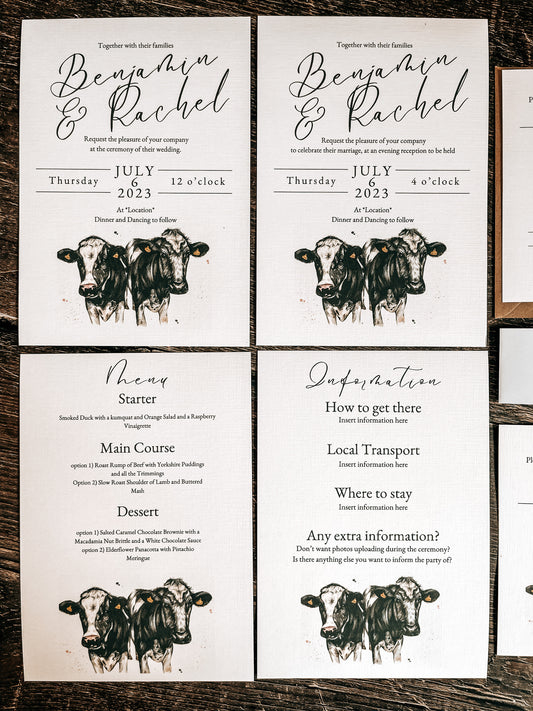 Dairy Cow (Holstein Friesian) full range, Wedding Invitation, Evening, RSVP, Information, Menu