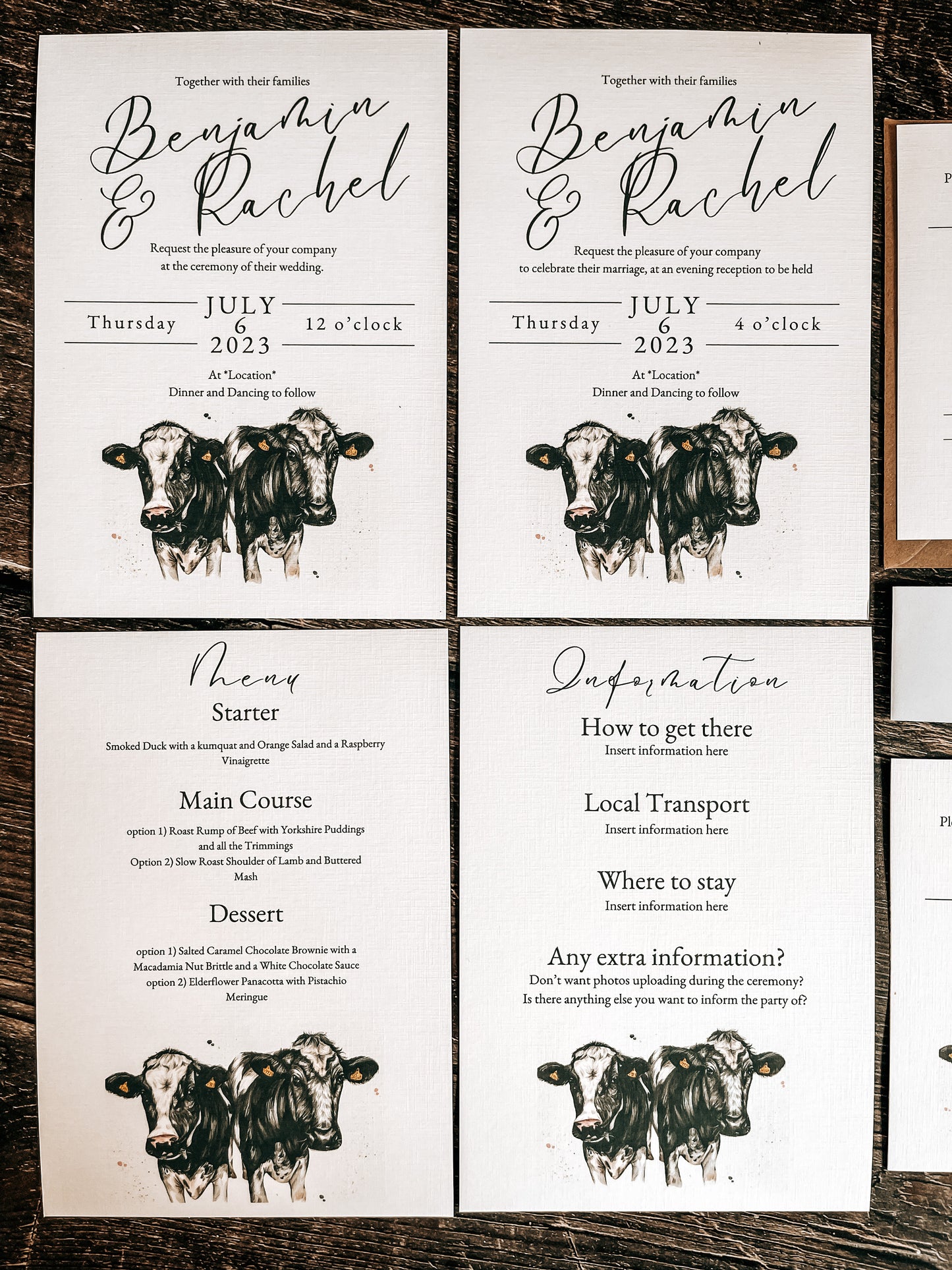 Dairy Cow (Holstein Friesian) full range, Wedding Invitation, Evening, RSVP, Information, Menu
