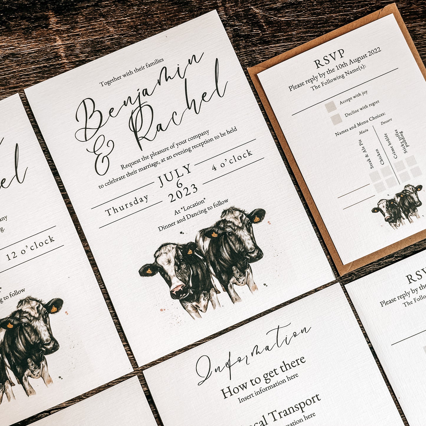 Dairy Cow (Holstein Friesian) full range, Wedding Invitation, Evening, RSVP, Information, Menu