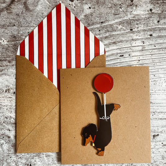 Dachshund floating with Balloon 3D Card