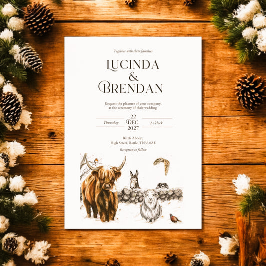 Winter Farm Scene (Highland Cow, Collie, Donkey, Owl, Sheep and Pheasant)