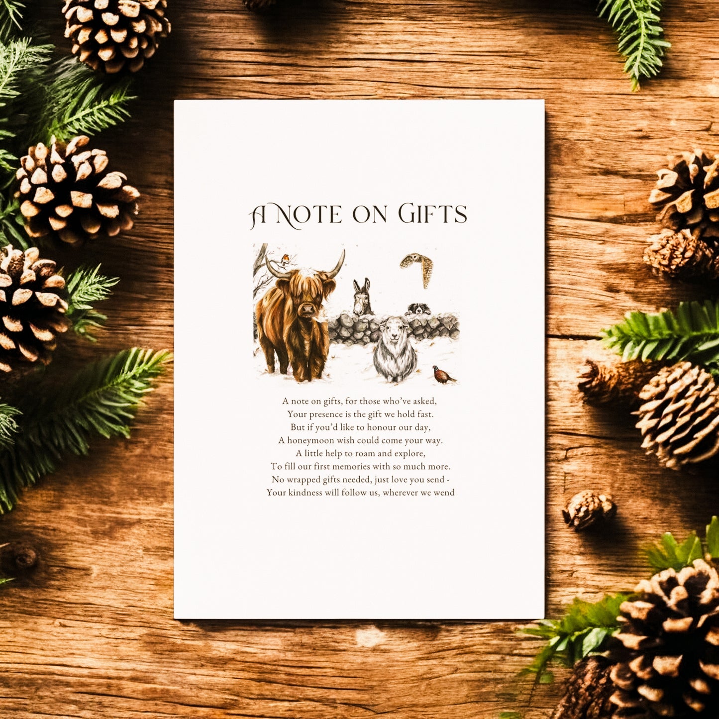 Winter Farm Scene (Highland Cow, Collie, Donkey, Owl, Sheep and Pheasant)