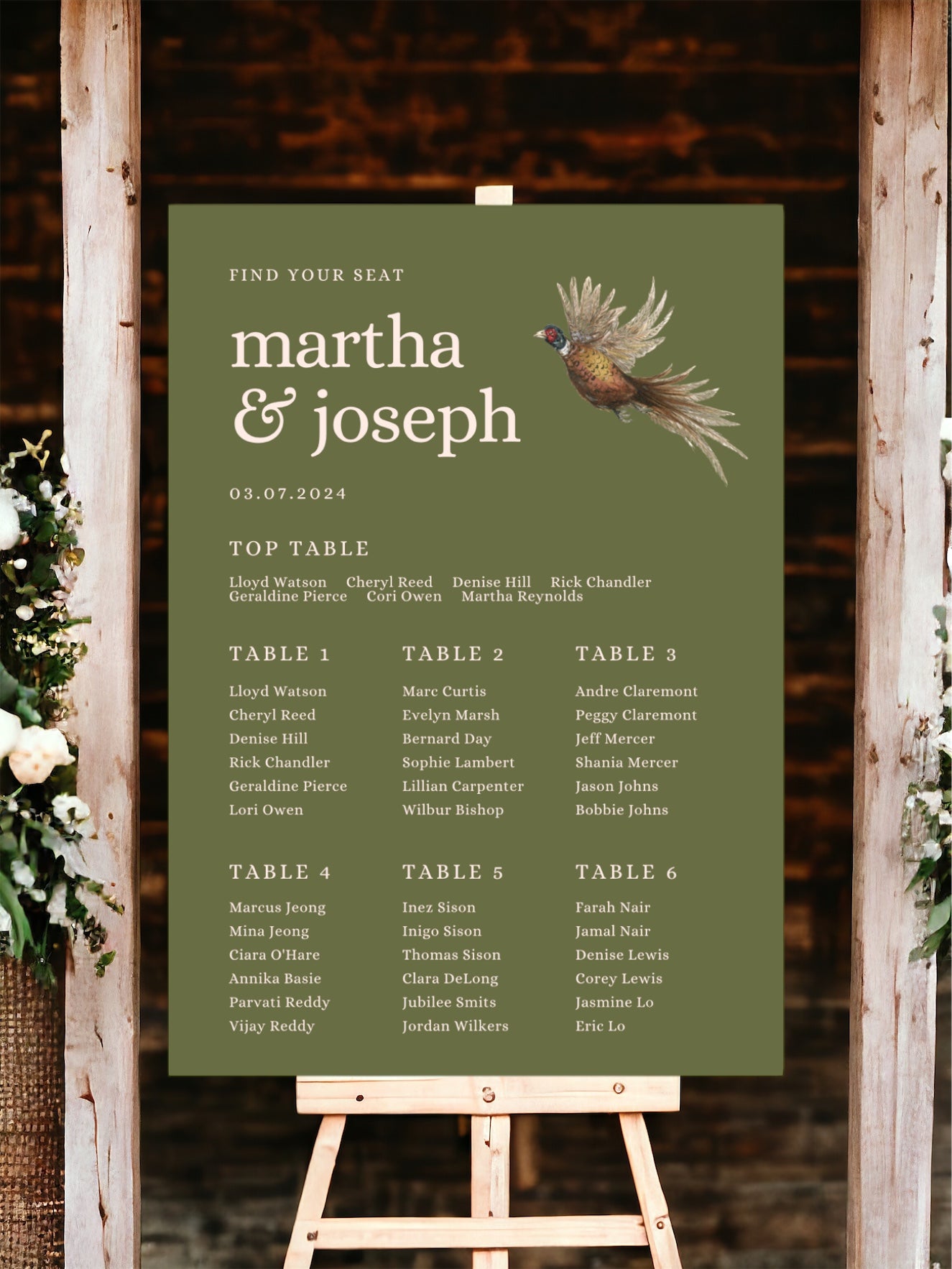 Green Pheasant Table Plan Sign