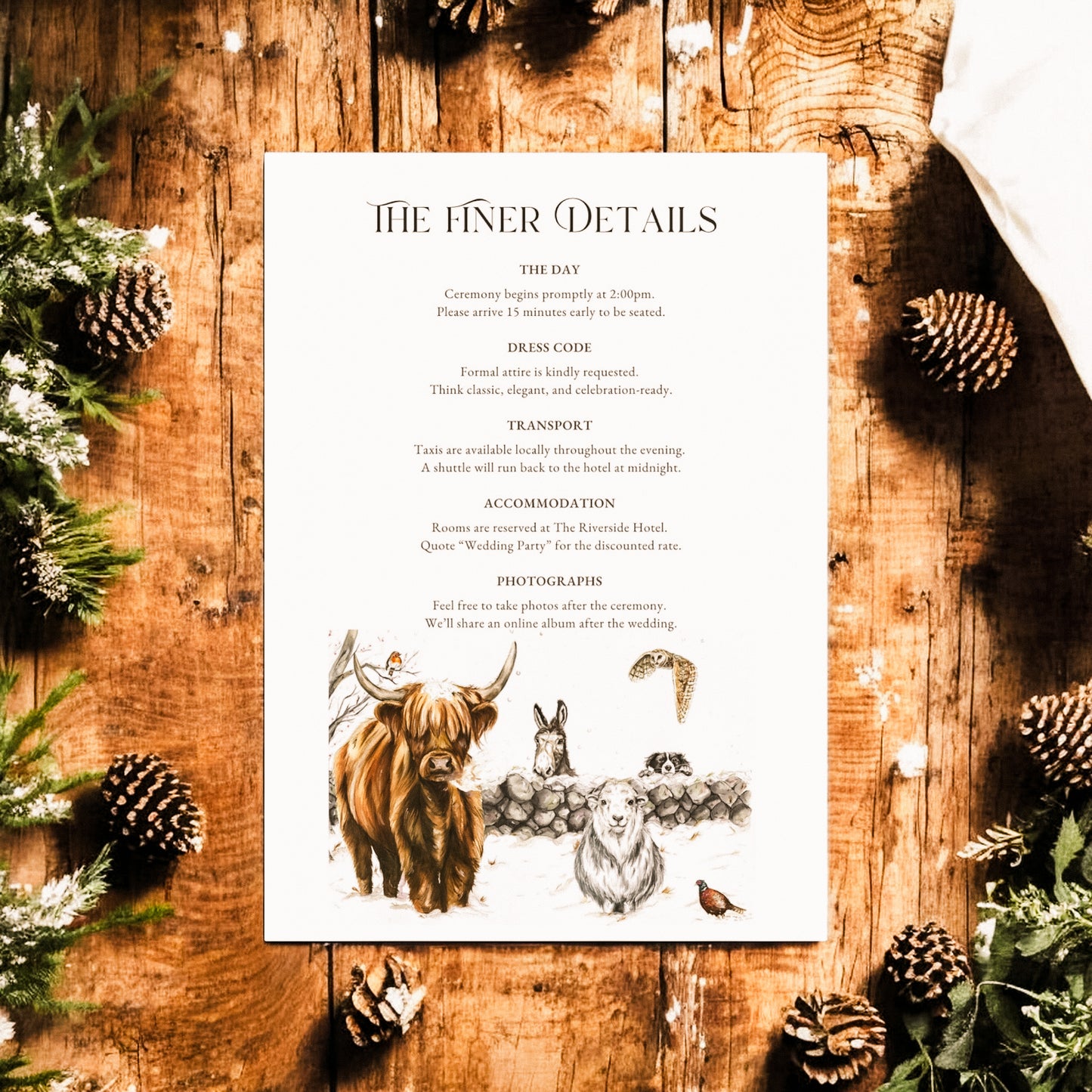 Winter Farm Scene (Highland Cow, Collie, Donkey, Owl, Sheep and Pheasant)