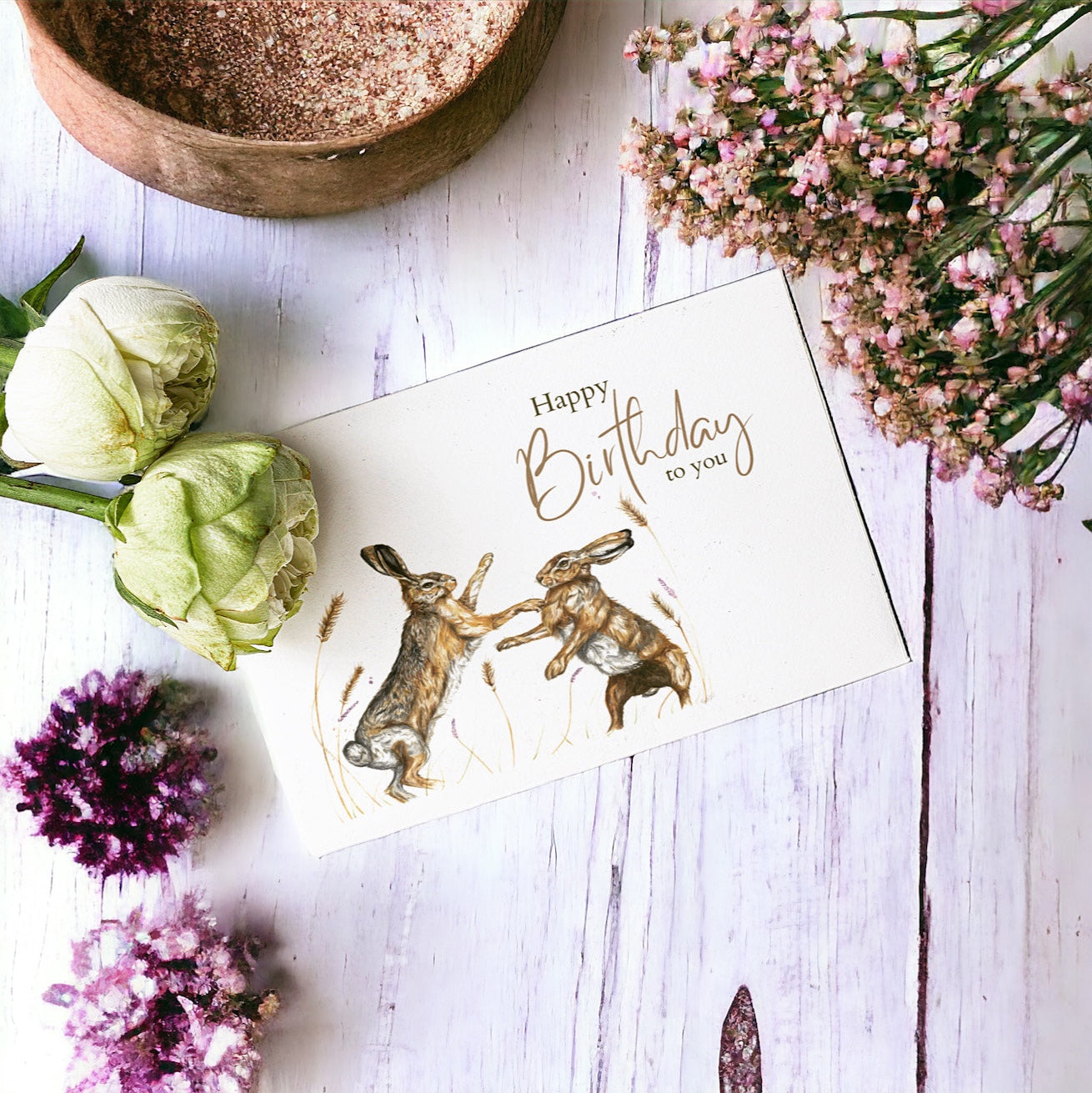 Boxing Hares Birthday Card