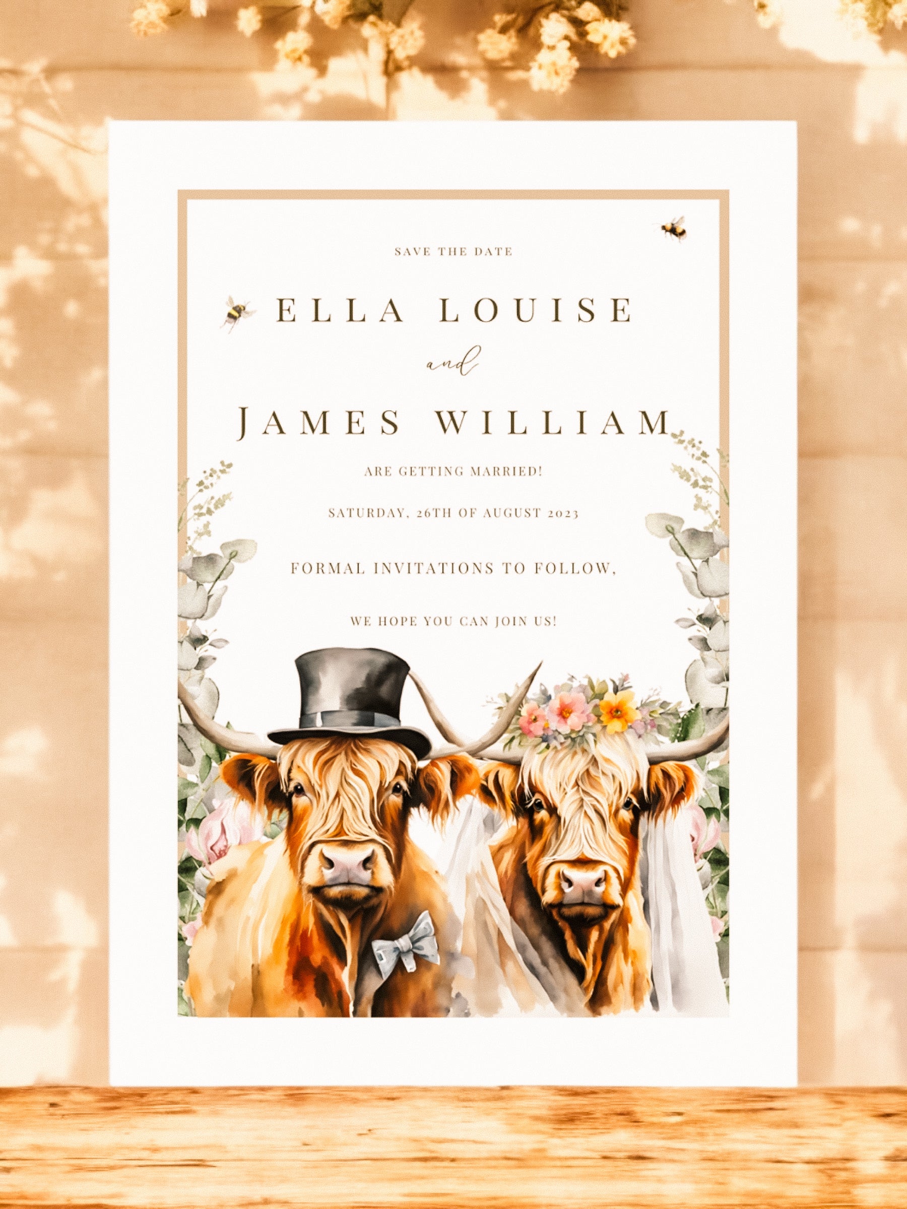 Highland Cow Bride & Groom full range, Wedding Invitation, Evening, RSVP, Information, Menu