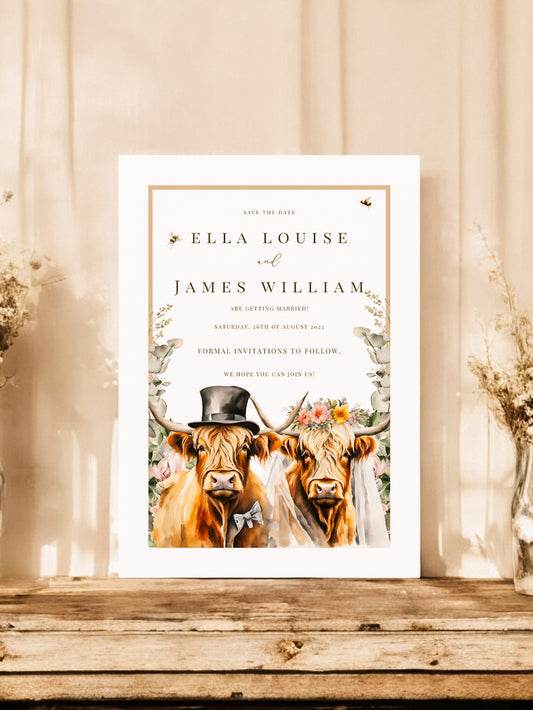 Highland Cow Bride & Groom full range, Wedding Invitation, Evening, RSVP, Information, Menu