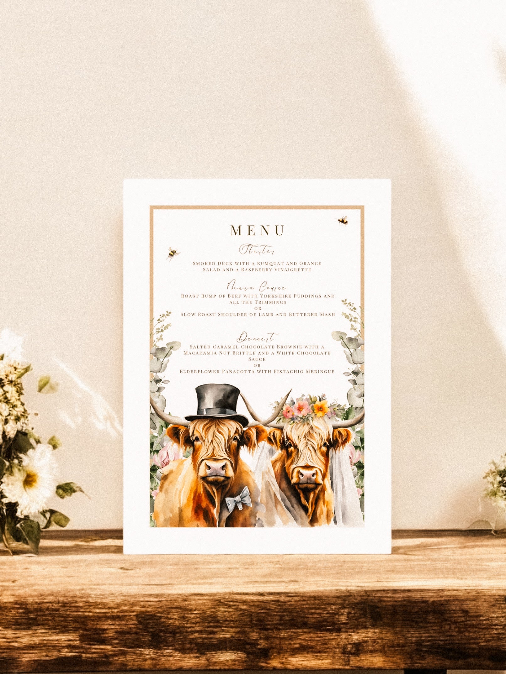 Highland Cow Bride & Groom full range, Wedding Invitation, Evening, RSVP, Information, Menu