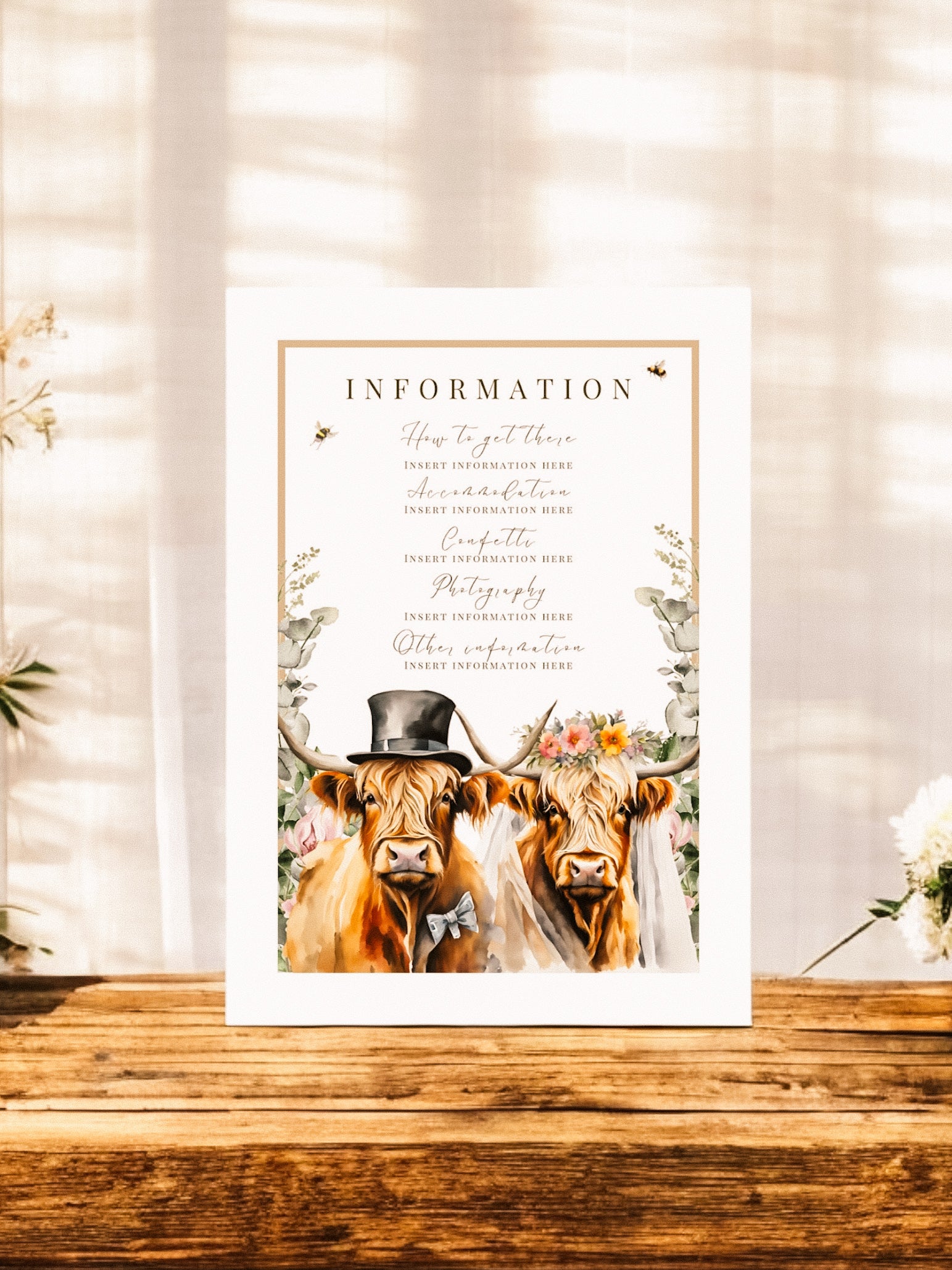 Highland Cow Bride & Groom full range, Wedding Invitation, Evening, RSVP, Information, Menu