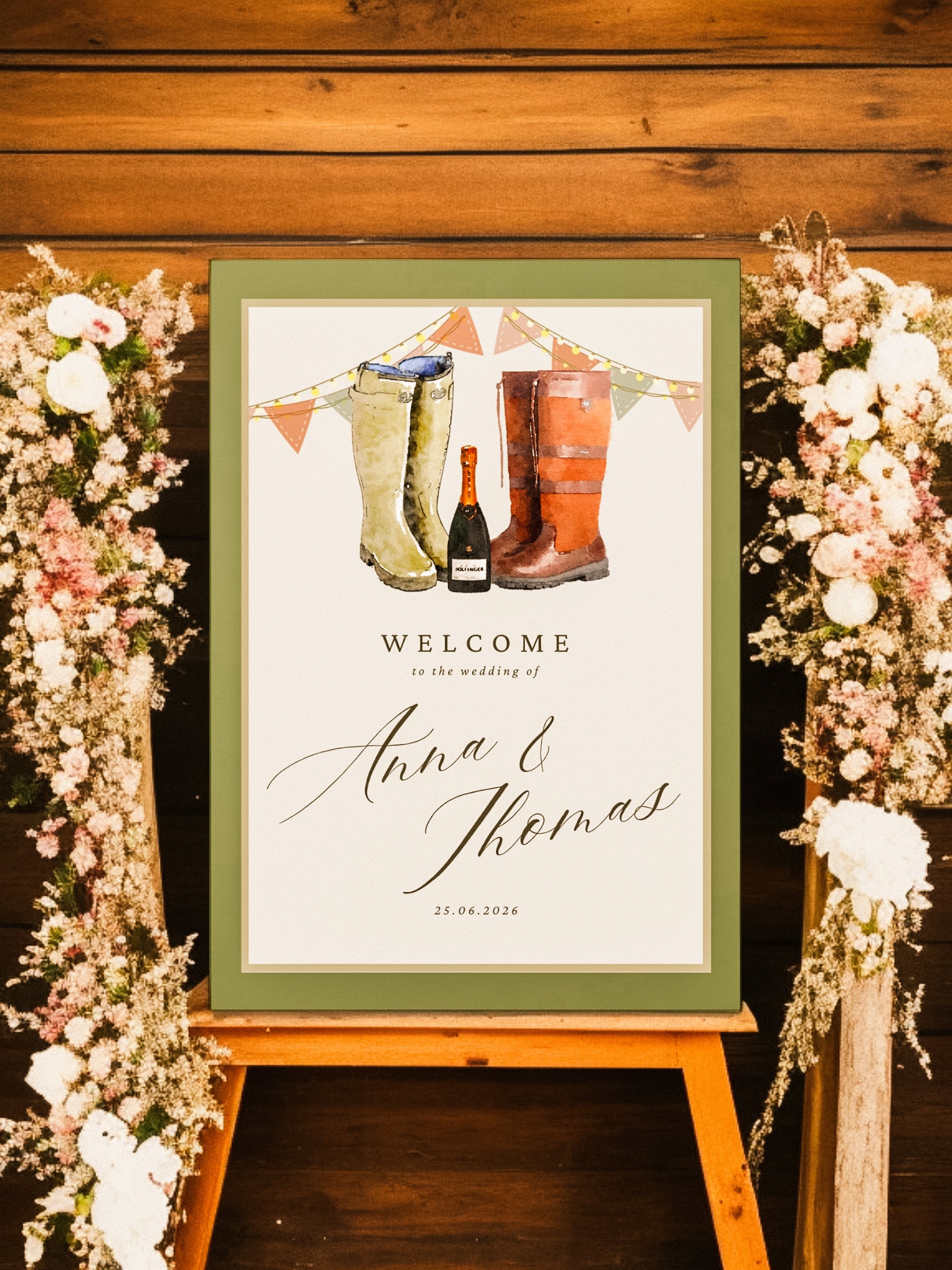 Wellies & Champagne Welcome Sign
