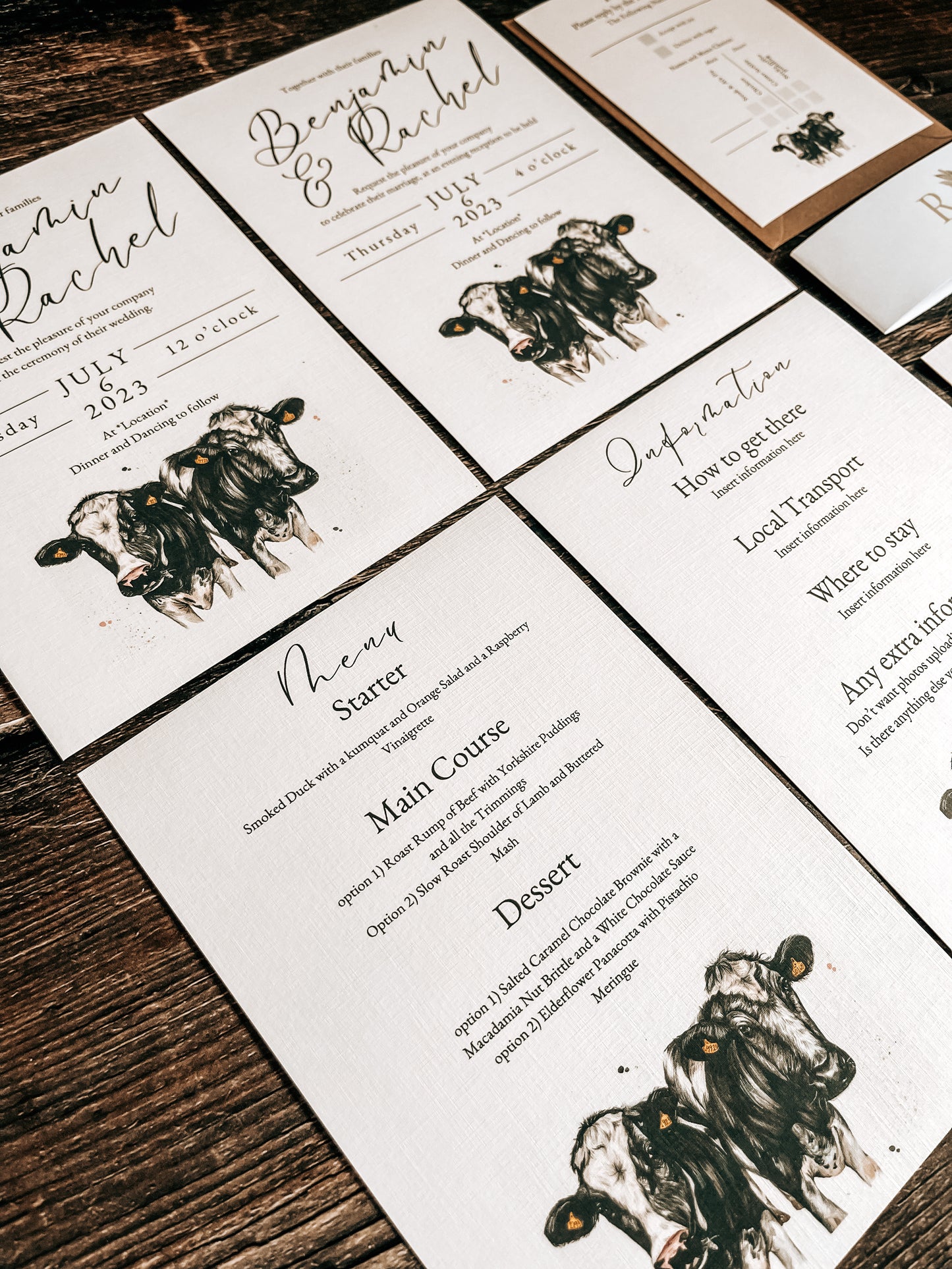 Dairy Cow (Holstein Friesian) full range, Wedding Invitation, Evening, RSVP, Information, Menu