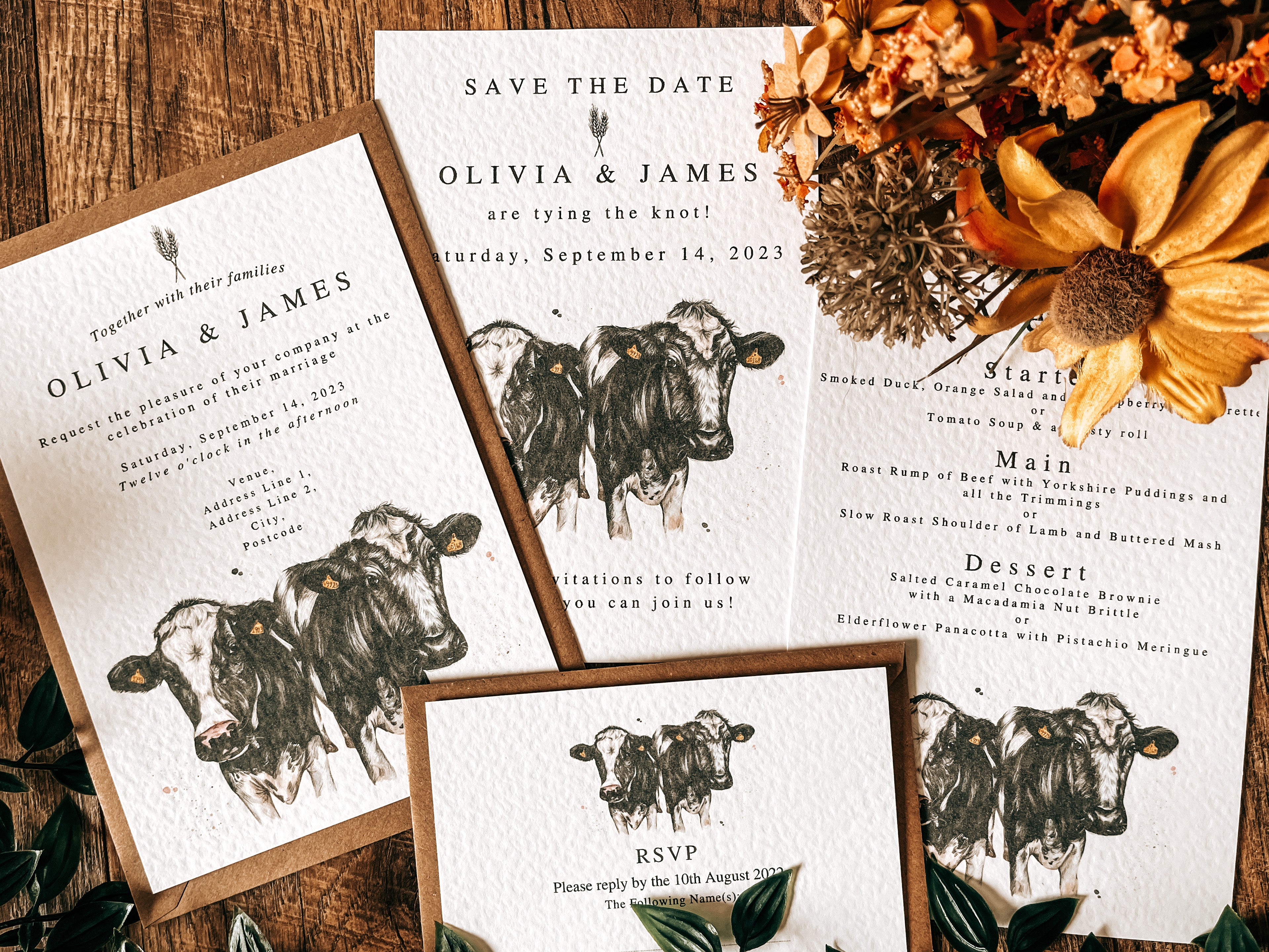 Dairy Cow V2 (Holstein Friesian) full range, Wedding Invitation, Evening, RSVP, Information, Menu